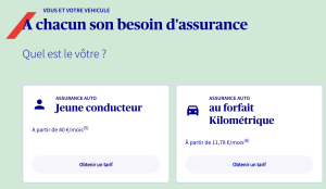 Two auto insurance option cards titled Jeune conducteur and au forfait Kilométrique on a light green page with icons above each title.