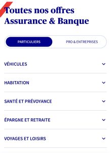 French finance site header 'Toutes nos offres Assurance & Banque' with a blue active tab 'PARTICULIERS' and a light-blue rounded tab 'PRO & ENTREPRISES'.