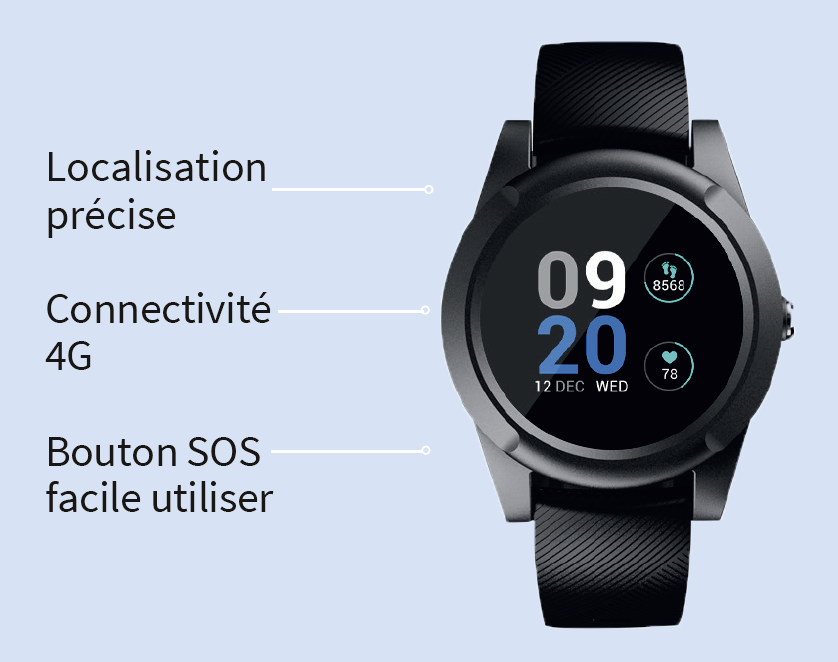 Montre connectée de téléassistance avec bouton SOS et GPS pour senior