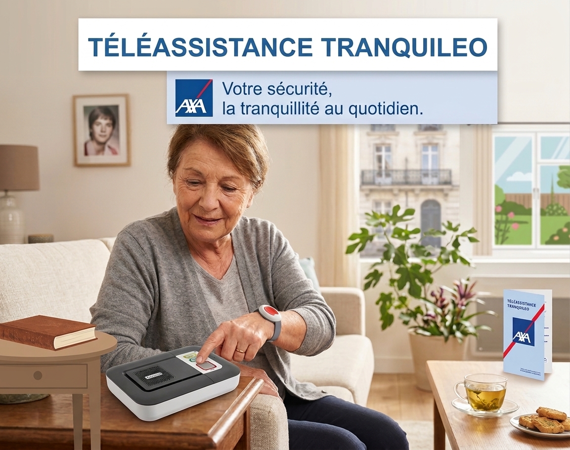 sénior ou Personne âgée portant un médaillon de téléassistance Tranquileo AXA à domicile