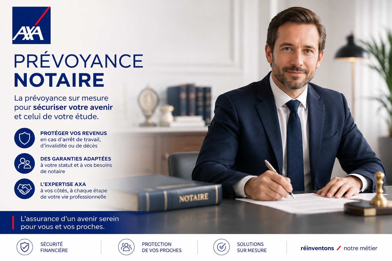 notaire dans son cabinet protégé par un contrat prévoyance axa
