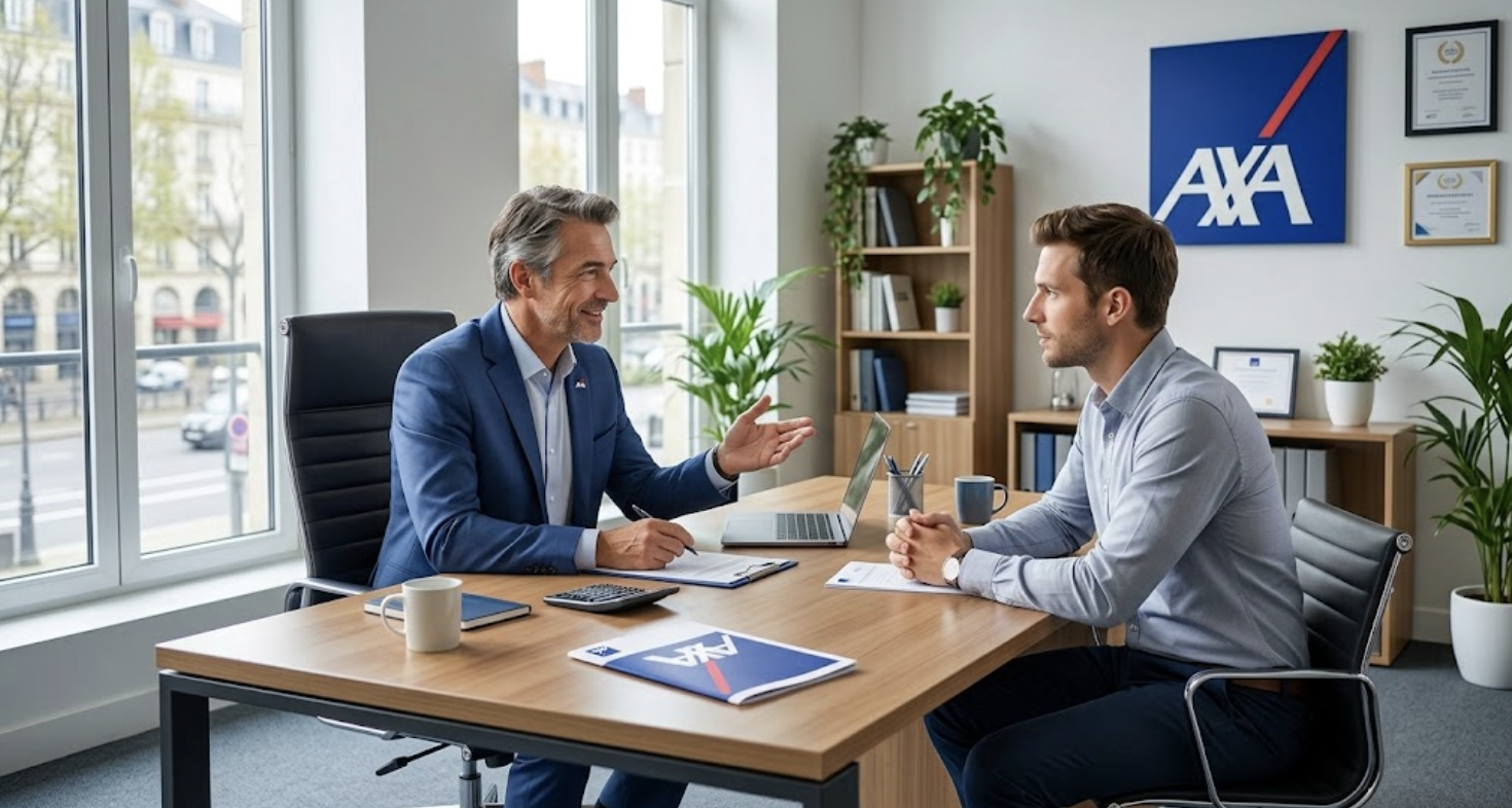 Agent général AXA conseillant un chef d'entreprise sur son assurance professionnelle