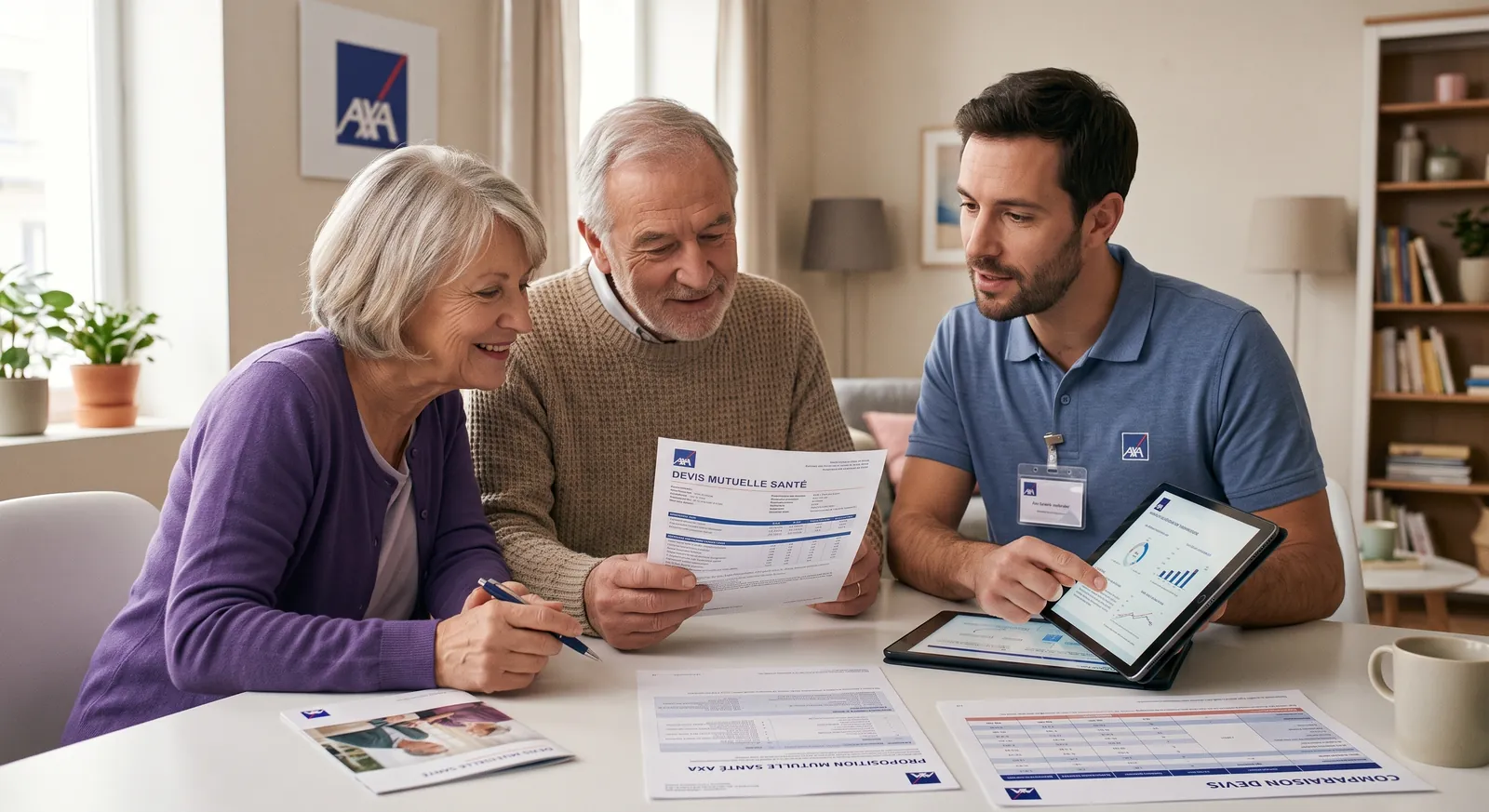 Couple de seniors retraités consultant leur devis mutuelle santé avec un conseiller AXA
