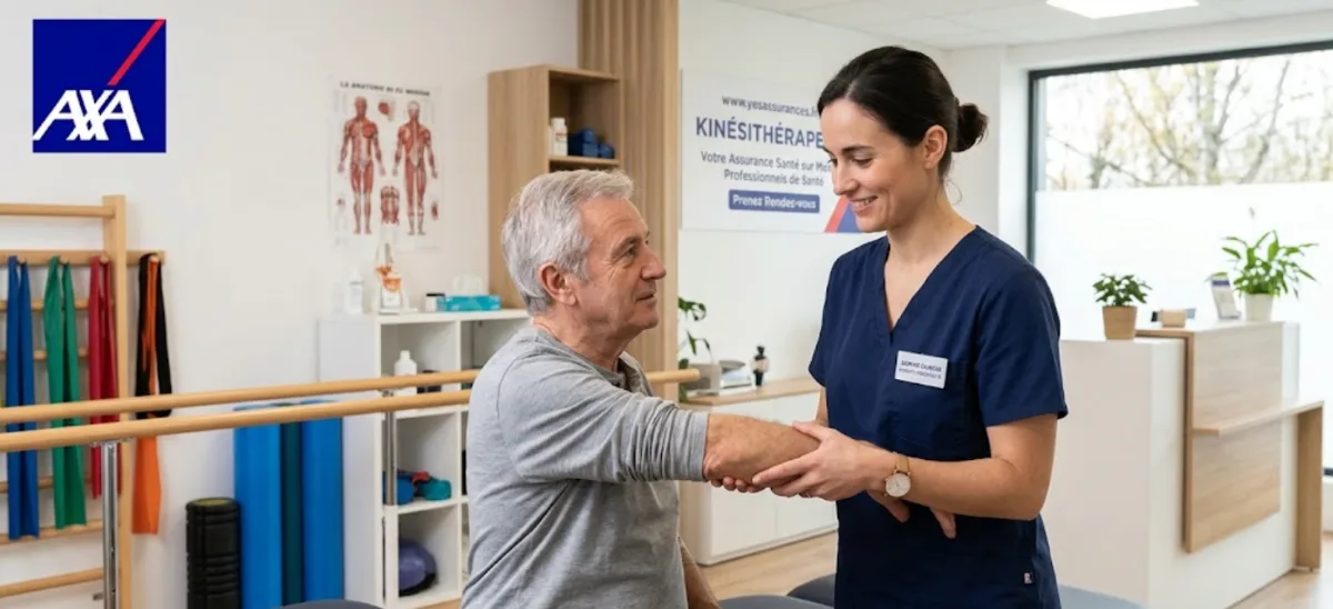 Kinésithérapeute en séance de rééducation avec un patient, prévoyance AXA